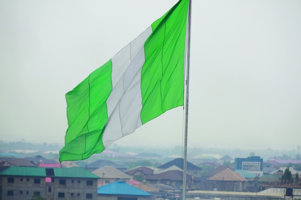 A giant Nigeria flag flies